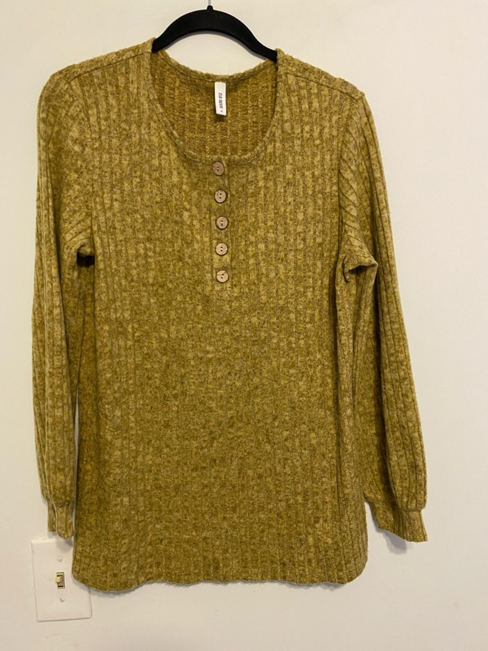 Women's Ribbed Henley Sweater - Olive Green, very soft and stretchy